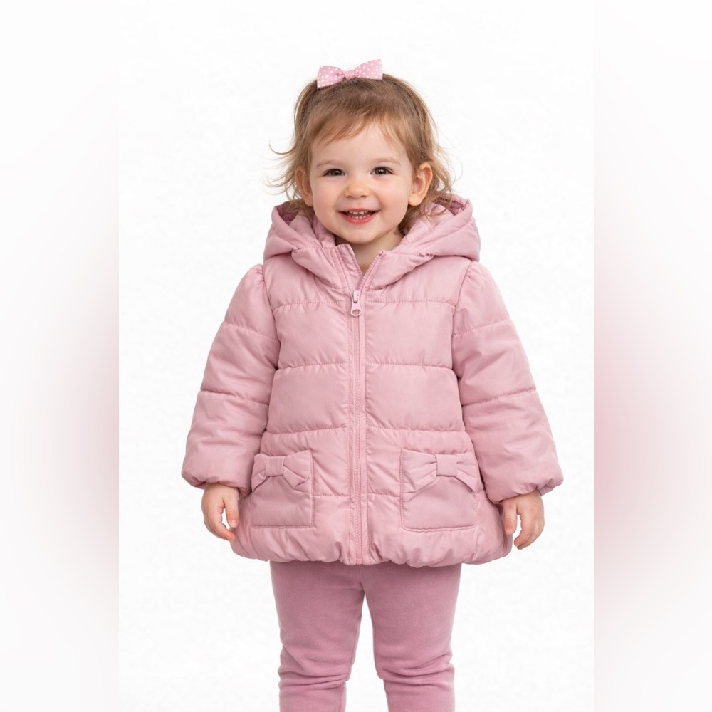GAP Baby Girl Pink Puffer Jacket 18-24M Hooded Winter Coat Bow Pockets